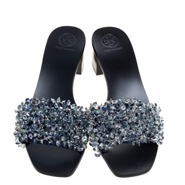 Pre Owned Tory Burch Navy Blue Satin Logan Embellsihed Slide Sandals Size 39