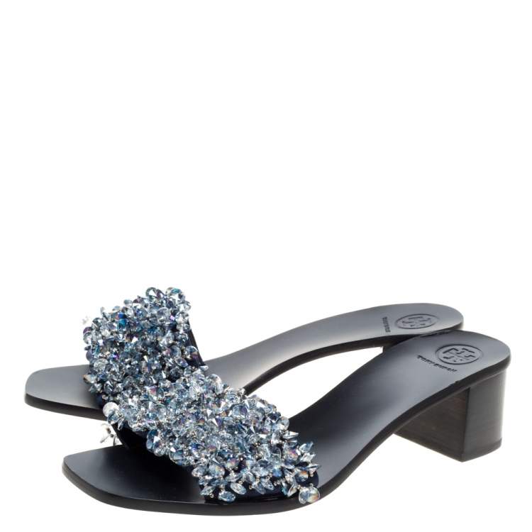 Pre Owned Tory Burch Navy Blue Satin Logan Embellsihed Slide Sandals Size 39