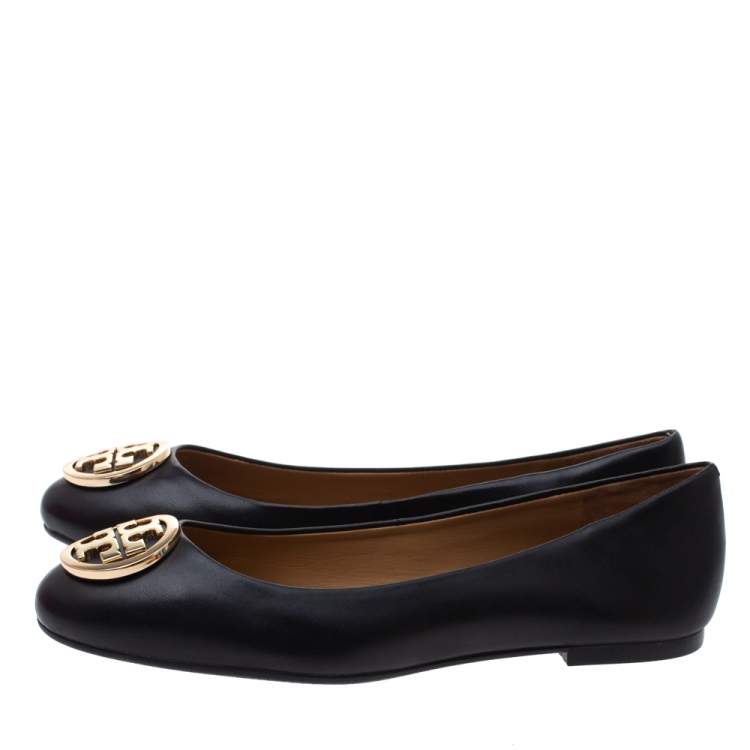 Pre Owned Tory Burch Black Leather Benton Ballet Flats Size 38