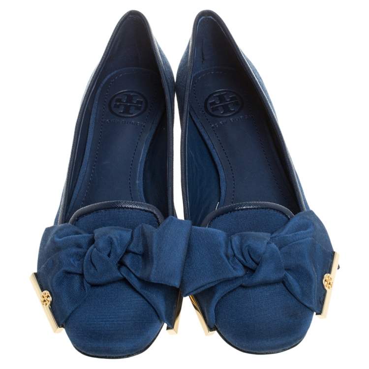 Pre Owned Tory Burch Blue Canvas Penny Smoking Flats Size 35.5