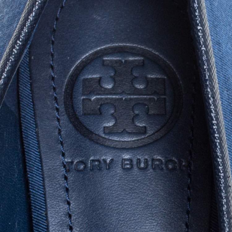 Pre Owned Tory Burch Blue Canvas Penny Smoking Flats Size 35.5