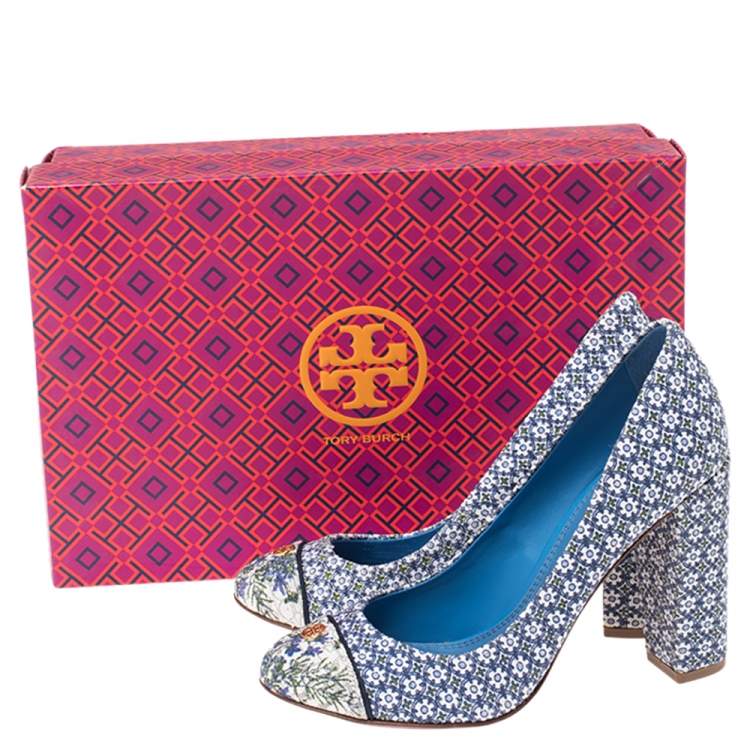 Pre Owned Tory Burch Blue Printed Canvas Ethel Pumps Size 35.5