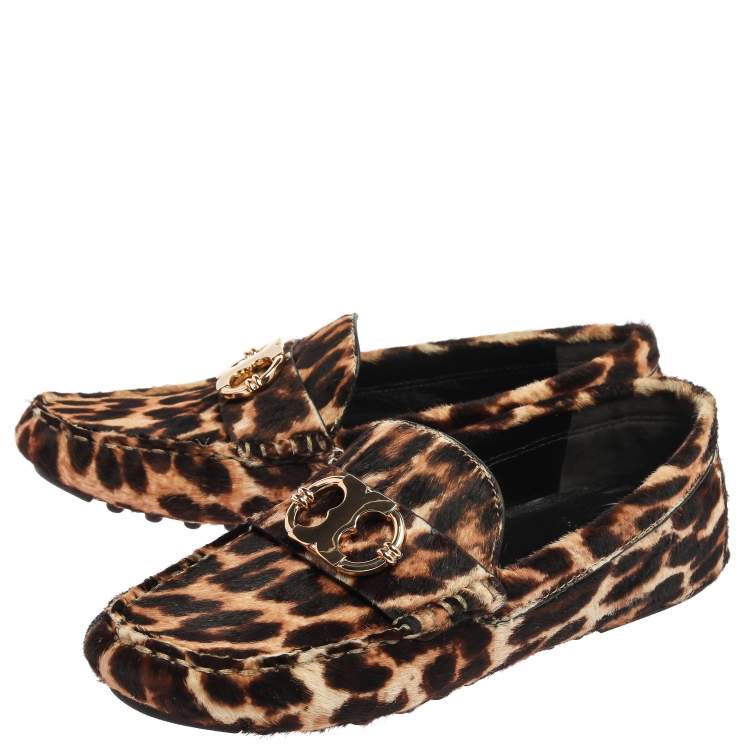 Pre Owned Tory Burch Brown/Black Leopard Print Pony Hair Loafers Size 36