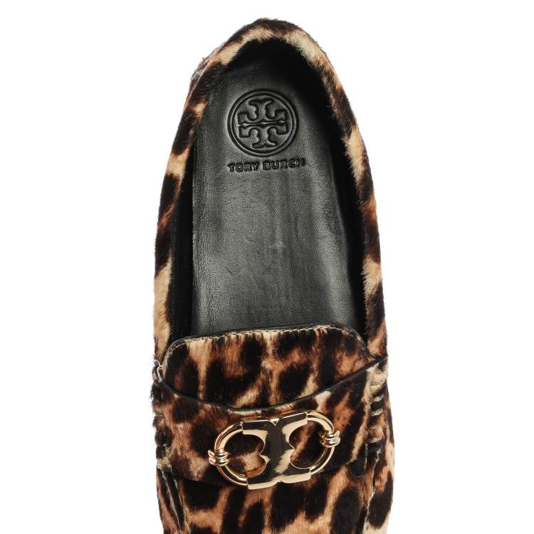 Pre Owned Tory Burch Brown/Black Leopard Print Pony Hair Loafers Size 36