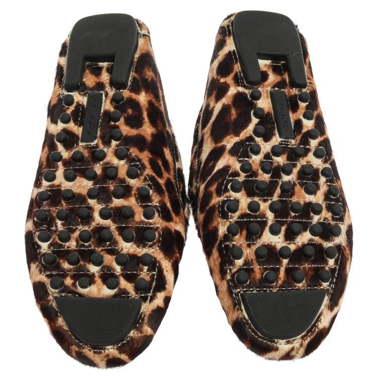 Pre Owned Tory Burch Brown/Black Leopard Print Pony Hair Loafers Size 36