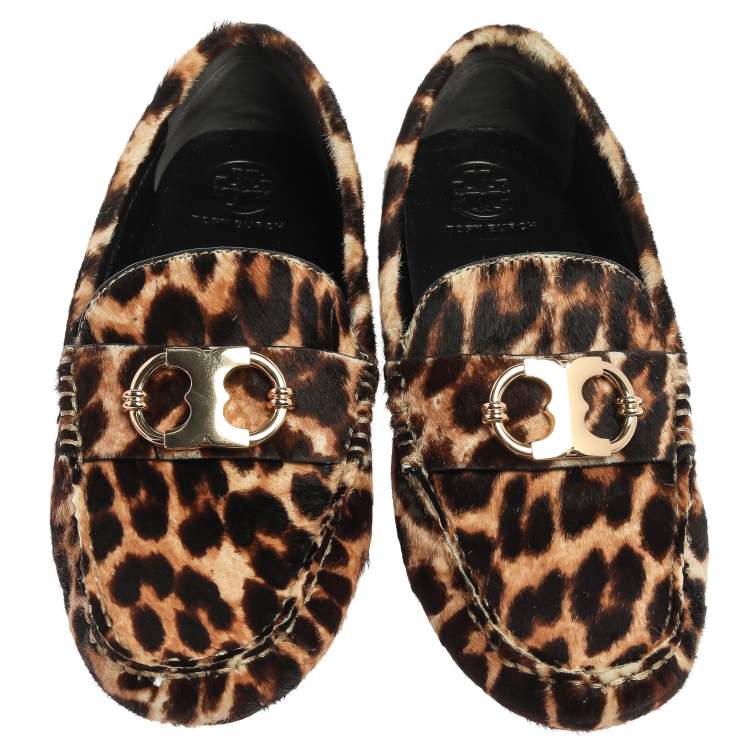 Pre Owned Tory Burch Brown/Black Leopard Print Pony Hair Loafers Size 36