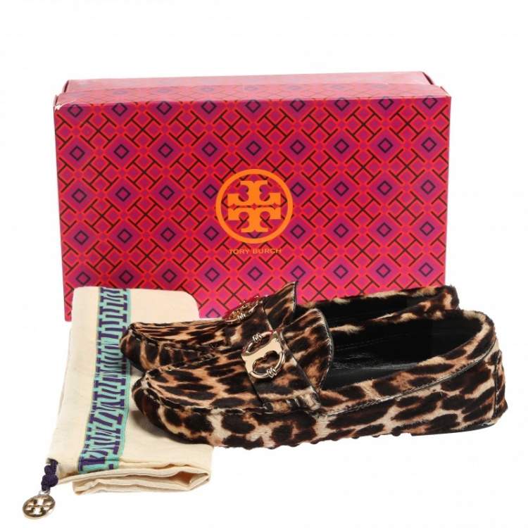 Pre Owned Tory Burch Brown/Black Leopard Print Pony Hair Loafers Size 36
