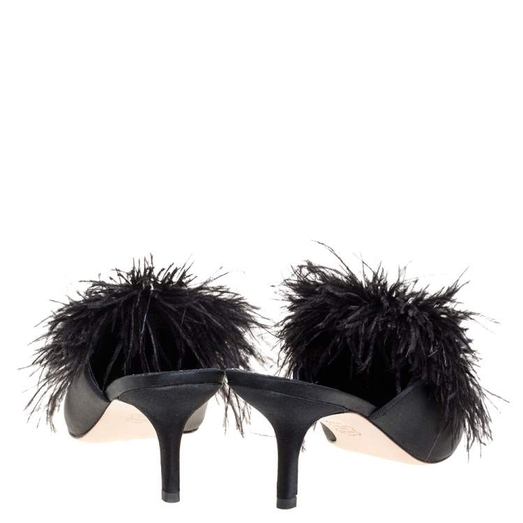 Pre Owned Tory Burch Black Satin Elodie Crystal Embellished Feather Fur Pointed Toe Mule Sandals Size 39.5