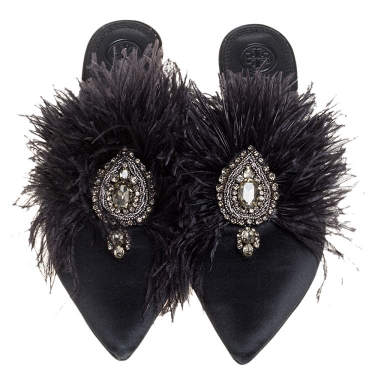 Pre Owned Tory Burch Black Satin Elodie Crystal Embellished Feather Fur Pointed Toe Mule Sandals Size 39.5