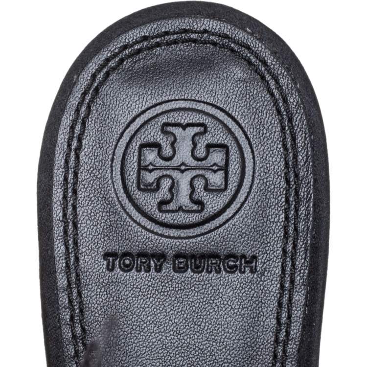 Pre Owned Tory Burch Black Satin Elodie Crystal Embellished Feather Fur Pointed Toe Mule Sandals Size 39.5