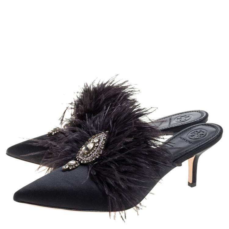 Pre Owned Tory Burch Black Satin Elodie Crystal Embellished Feather Fur Pointed Toe Mule Sandals Size 39.5