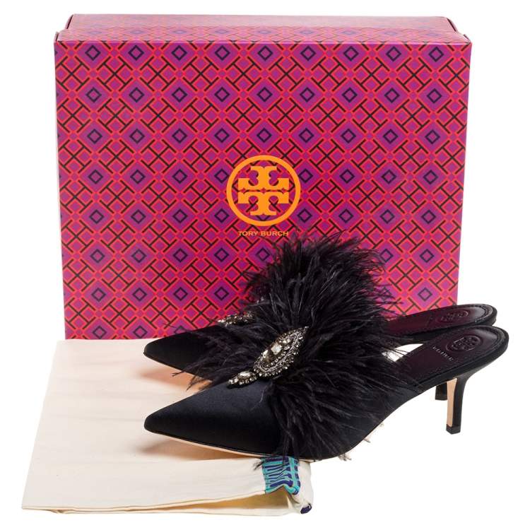 Pre Owned Tory Burch Black Satin Elodie Crystal Embellished Feather Fur Pointed Toe Mule Sandals Size 39.5