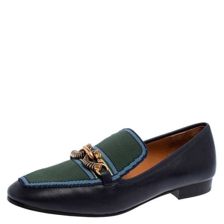 Tory Burch Navy Blue/Green Leather And Knit Jessa Loafers Size  Tory  Burch | TLC