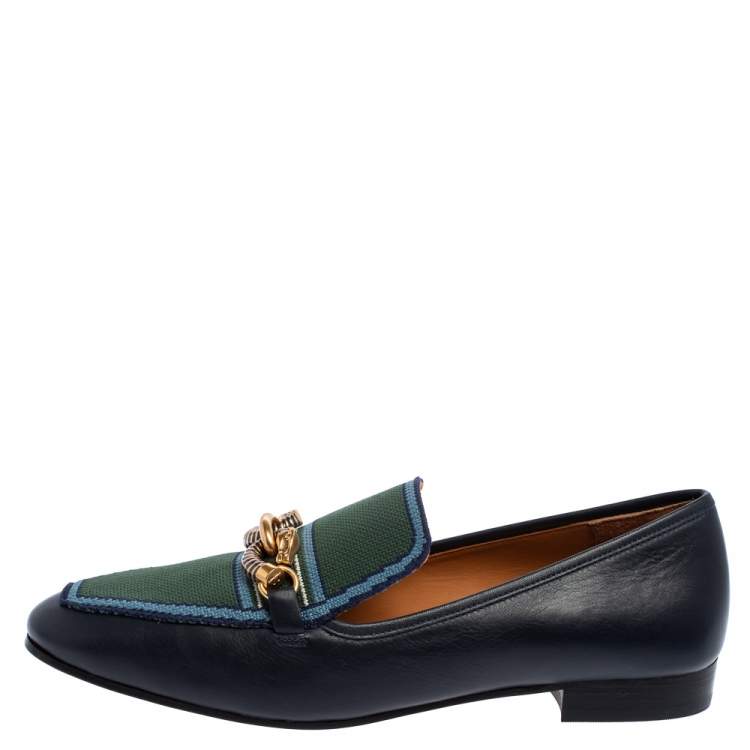 Tory Burch Navy Blue/Green Leather And Knit Jessa Loafers Size  Tory  Burch | TLC