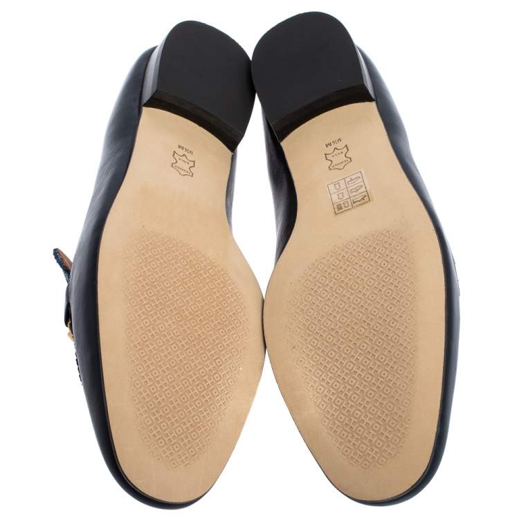 Pre Owned Tory Burch Navy Blue/Green Leather And Knit Jessa Loafers Size 39.5
