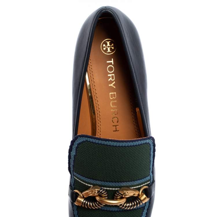 Pre Owned Tory Burch Navy Blue/Green Leather And Knit Jessa Loafers Size 39.5