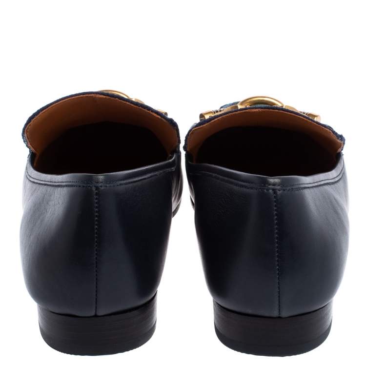 Pre Owned Tory Burch Navy Blue/Green Leather And Knit Jessa Loafers Size 39.5