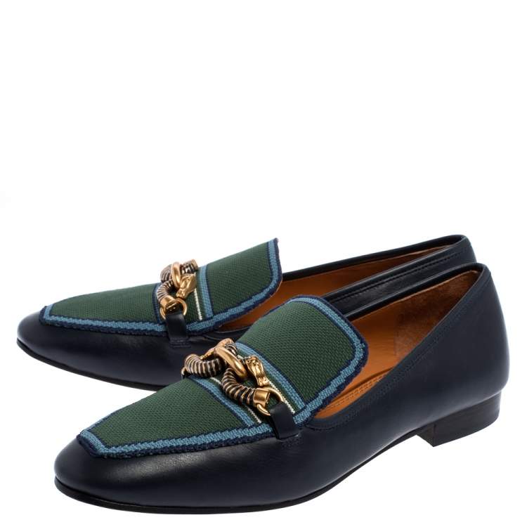 Pre Owned Tory Burch Navy Blue/Green Leather And Knit Jessa Loafers Size 39.5