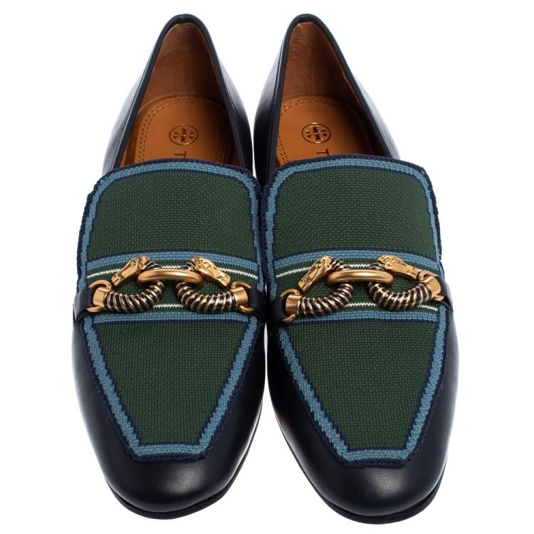 Pre Owned Tory Burch Navy Blue/Green Leather And Knit Jessa Loafers Size 39.5