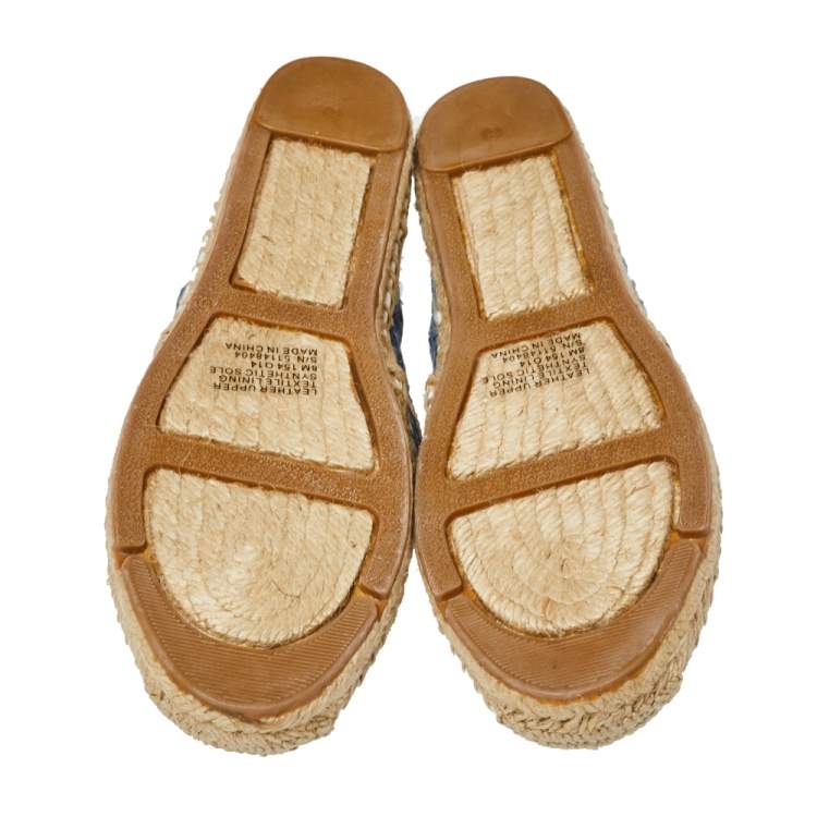 Pre Owned Tory Burch Blue/White Embroidered Leather Cutout Espadrille Flats Size 40.5