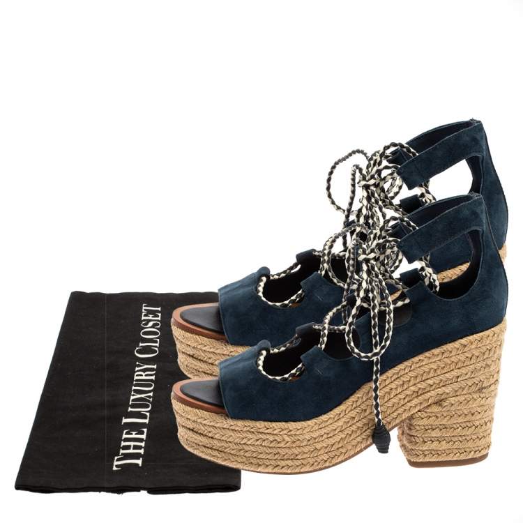 Pre Owned Tory Burch Navy Blue Suede Positano Tie Up Espadrille Wedge Sandals Size 37