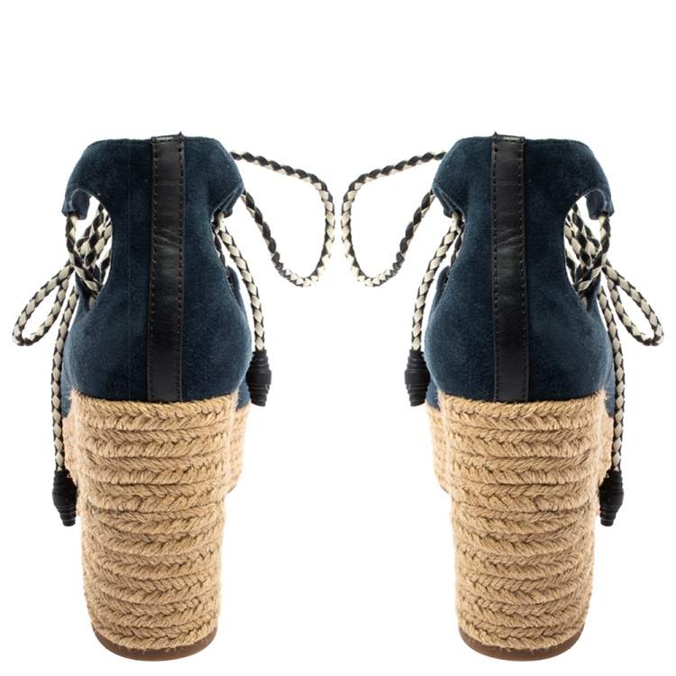 Pre Owned Tory Burch Navy Blue Suede Positano Tie Up Espadrille Wedge Sandals Size 37