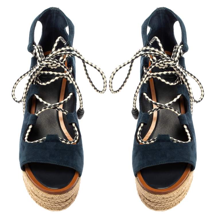 Pre Owned Tory Burch Navy Blue Suede Positano Tie Up Espadrille Wedge Sandals Size 37