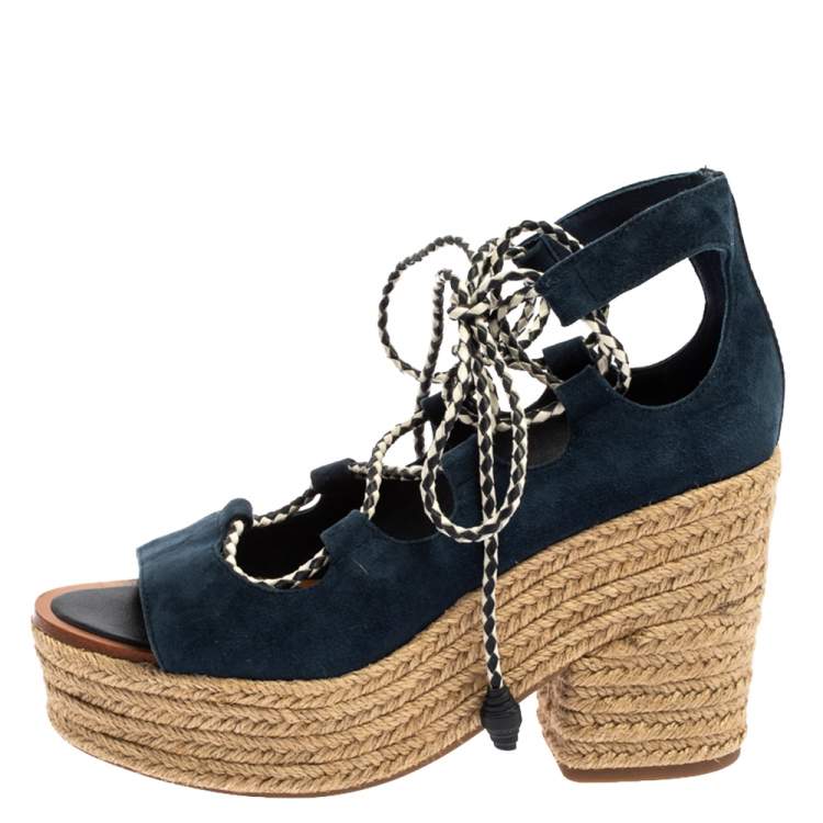 Pre Owned Tory Burch Navy Blue Suede Positano Tie Up Espadrille Wedge Sandals Size 37