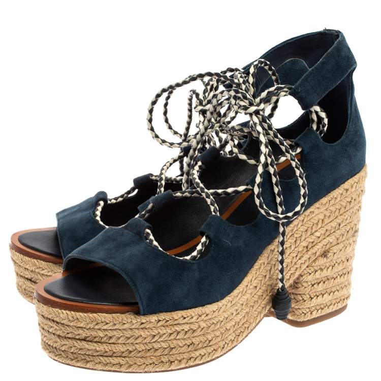 Pre Owned Tory Burch Navy Blue Suede Positano Tie Up Espadrille Wedge Sandals Size 37
