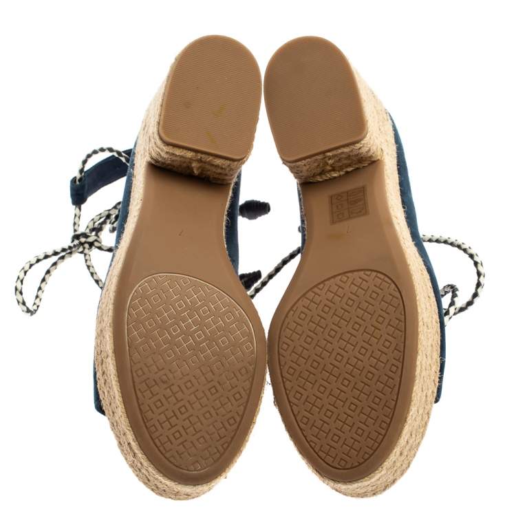 Pre Owned Tory Burch Navy Blue Suede Positano Tie Up Espadrille Wedge Sandals Size 37