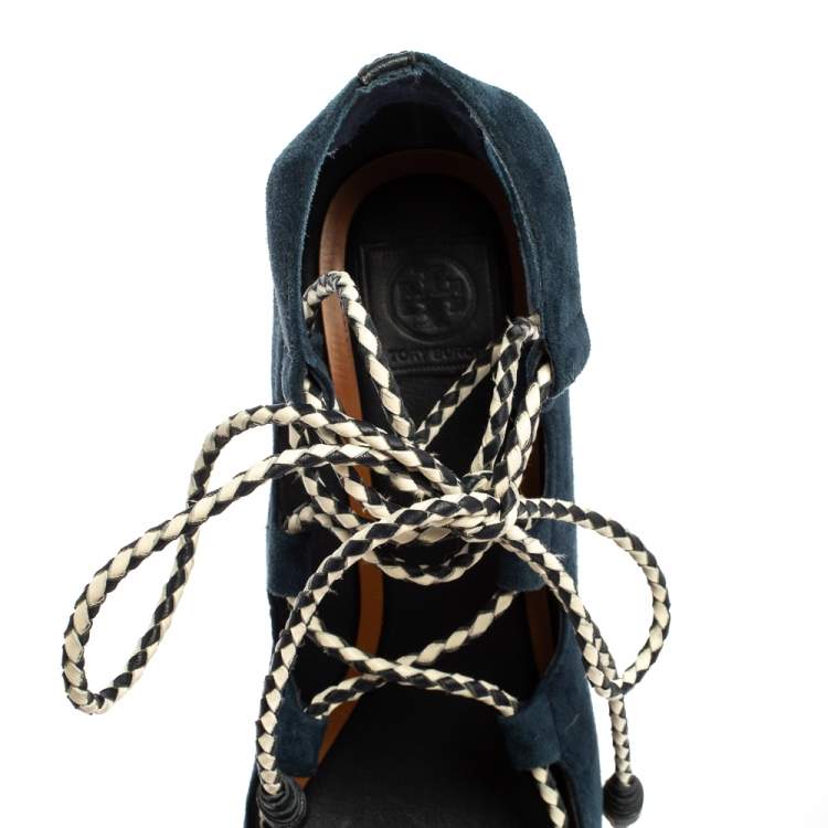Pre Owned Tory Burch Navy Blue Suede Positano Tie Up Espadrille Wedge Sandals Size 37