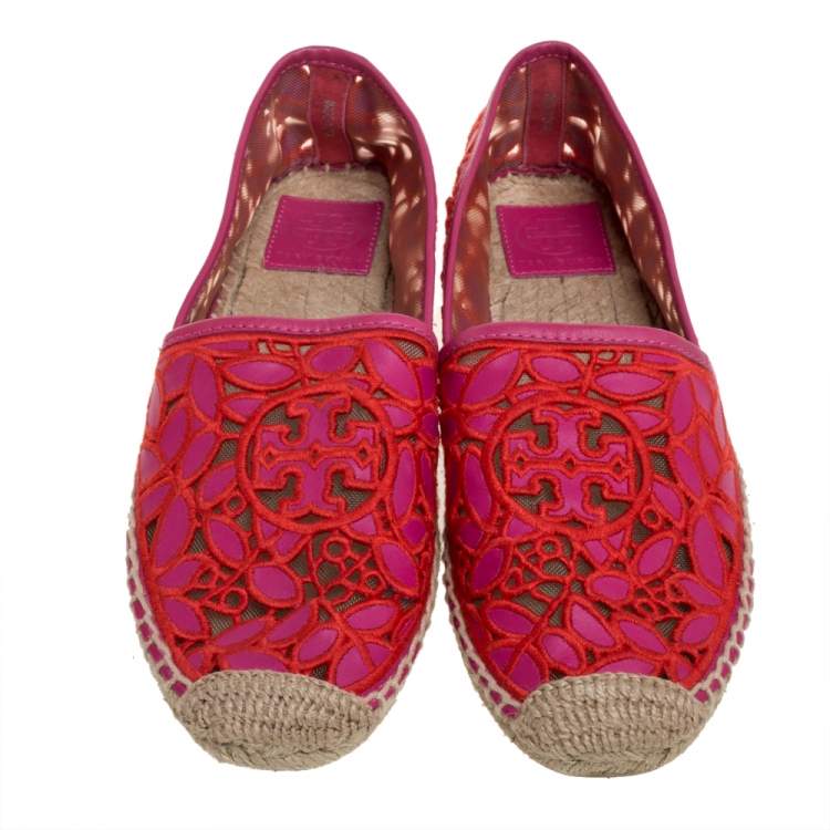 Pre Owned Tory Burch Pink Cotton Lace and Leather Jackie Espadrilles Size 39