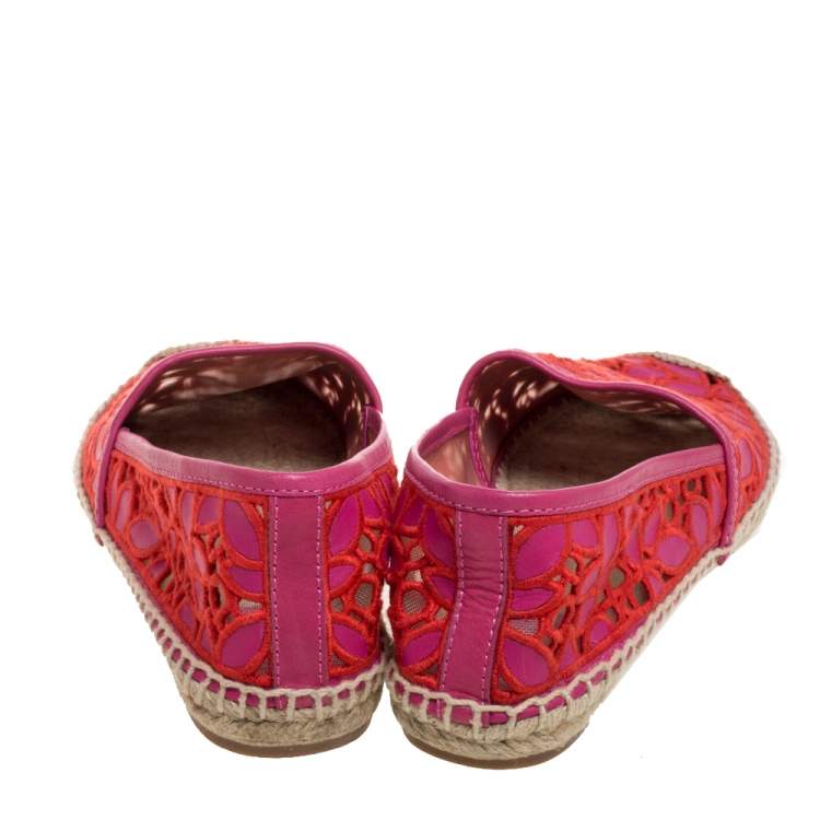 Pre Owned Tory Burch Pink Cotton Lace and Leather Jackie Espadrilles Size 39