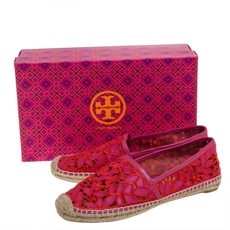 Pre Owned Tory Burch Pink Cotton Lace and Leather Jackie Espadrilles Size 39