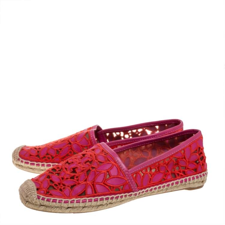 Pre Owned Tory Burch Pink Cotton Lace and Leather Jackie Espadrilles Size 39