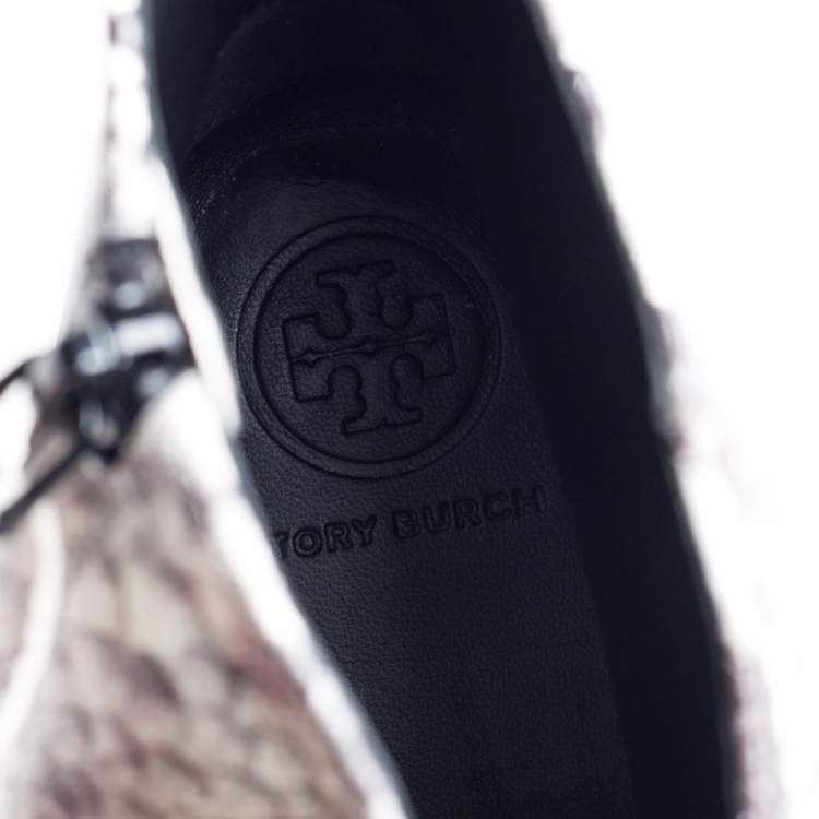 Pre Owned Tory Burch Black/White Python Embossed Leather Shelby Ankle Boots Size 38.5