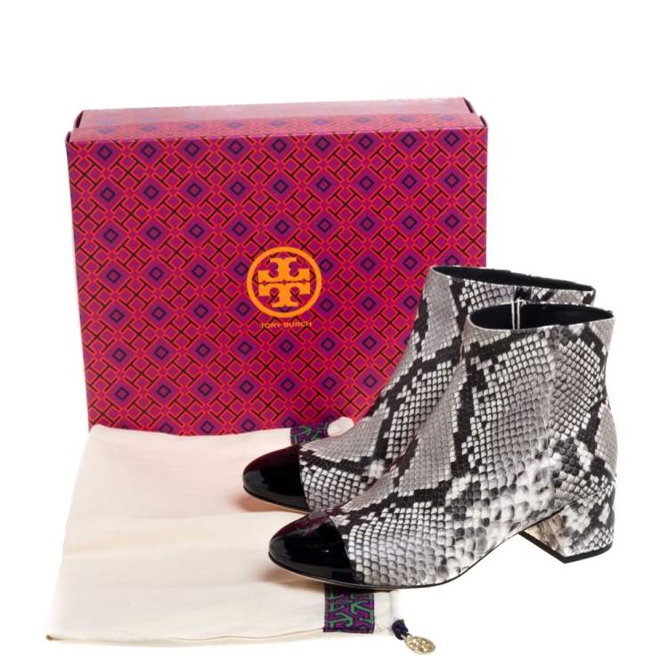 Pre Owned Tory Burch Black/White Python Embossed Leather Shelby Ankle Boots Size 38.5