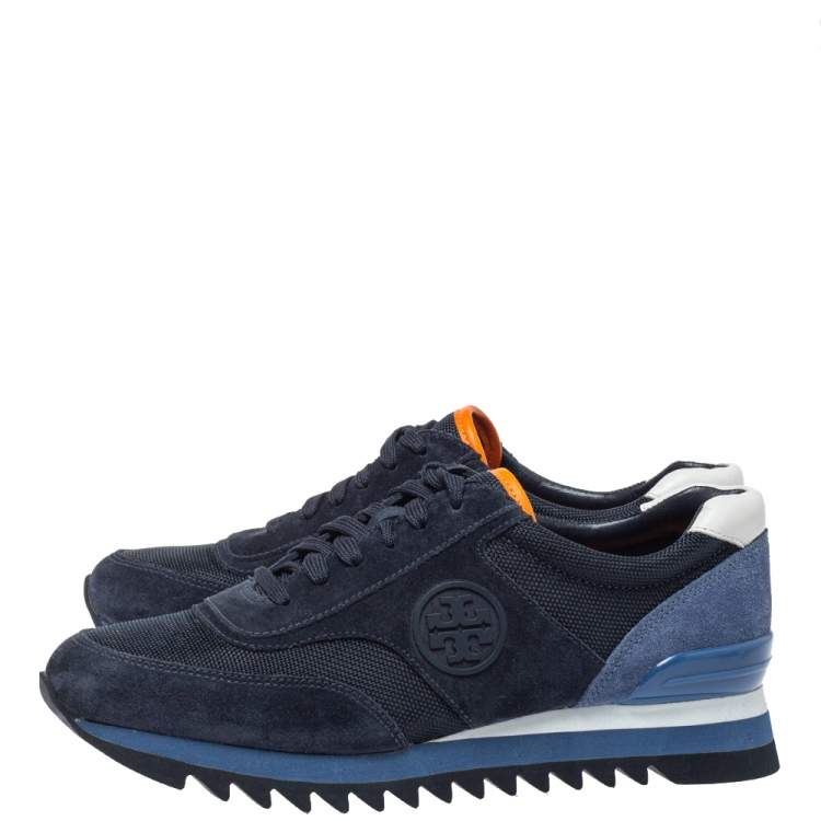 Pre Owned Tory Burch Blue Suede And Nylon Sawtooth Sneakers Size 38