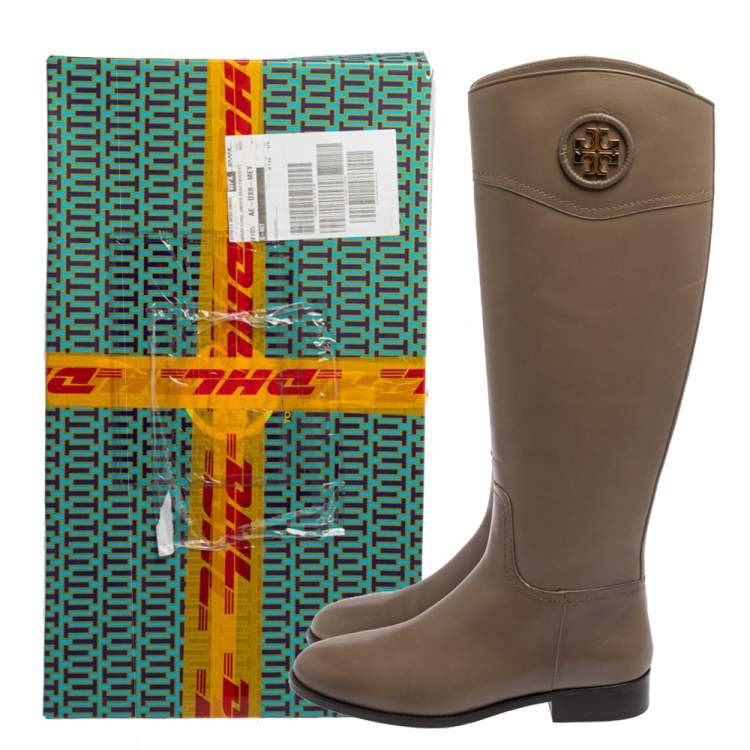 Pre Owned Tory Burch Grey Leather Ashlynn Knee Length Riding Boots Size 39.5 