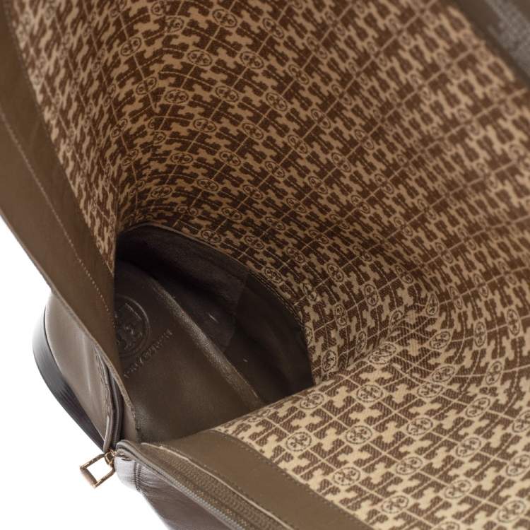 Pre Owned Tory Burch Grey Leather Ashlynn Knee Length Riding Boots Size 39.5 