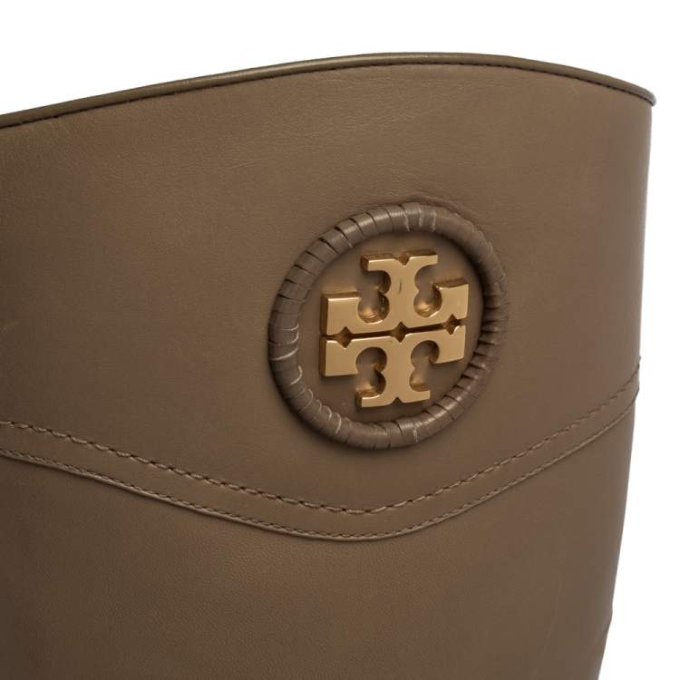 Pre Owned Tory Burch Grey Leather Ashlynn Knee Length Riding Boots Size 39.5 