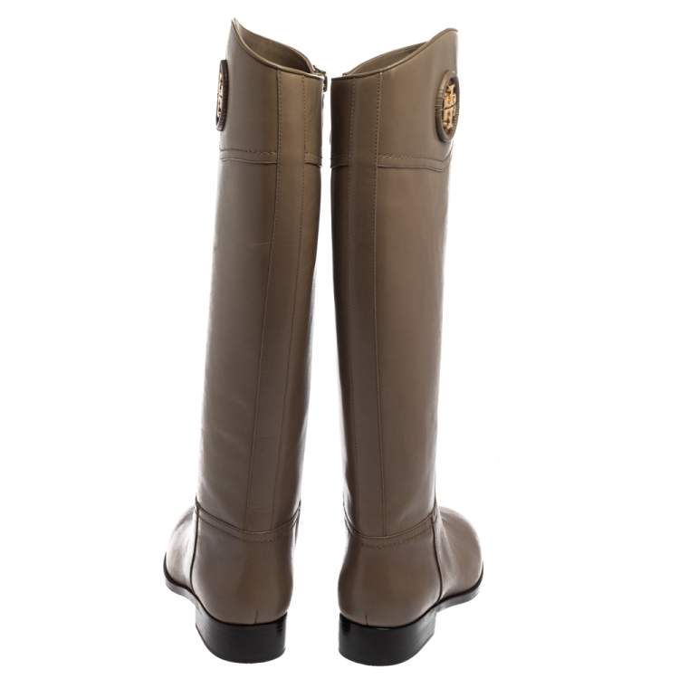 Pre Owned Tory Burch Grey Leather Ashlynn Knee Length Riding Boots Size 39.5 