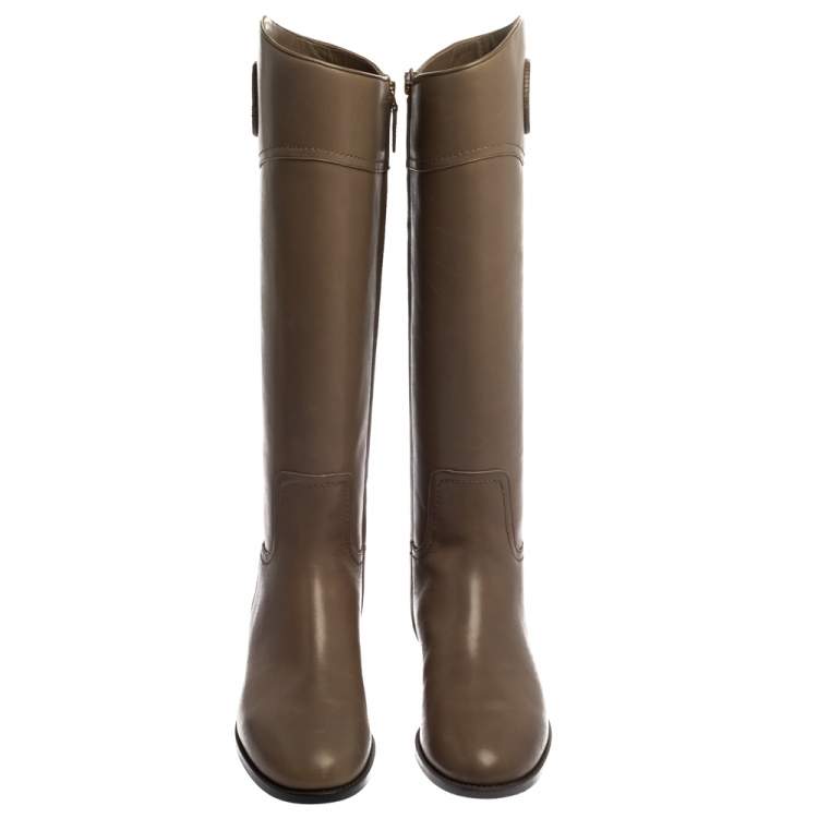 Pre Owned Tory Burch Grey Leather Ashlynn Knee Length Riding Boots Size 39.5 