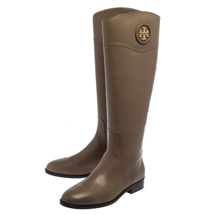 Pre Owned Tory Burch Grey Leather Ashlynn Knee Length Riding Boots Size 39.5 