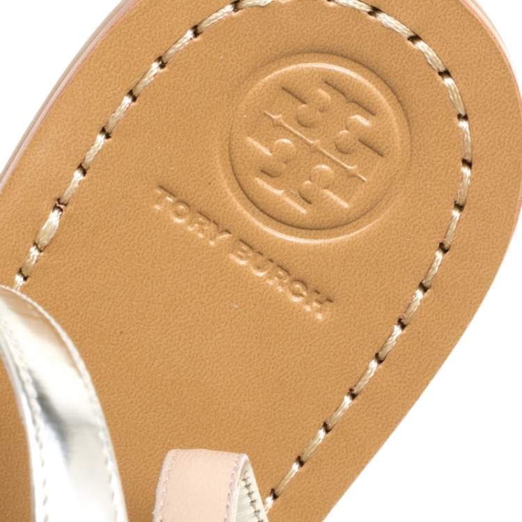 Pre Owned Tory Burch Metallic Gold Leather Blossom Floral Embellished Flat Gladiators Size 36 