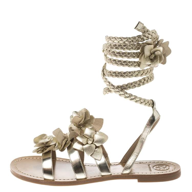 Tory Burch Metallic Gold Leather Blossom Floral Embellished Flat Gladiators  Size 36 Tory Burch | TLC