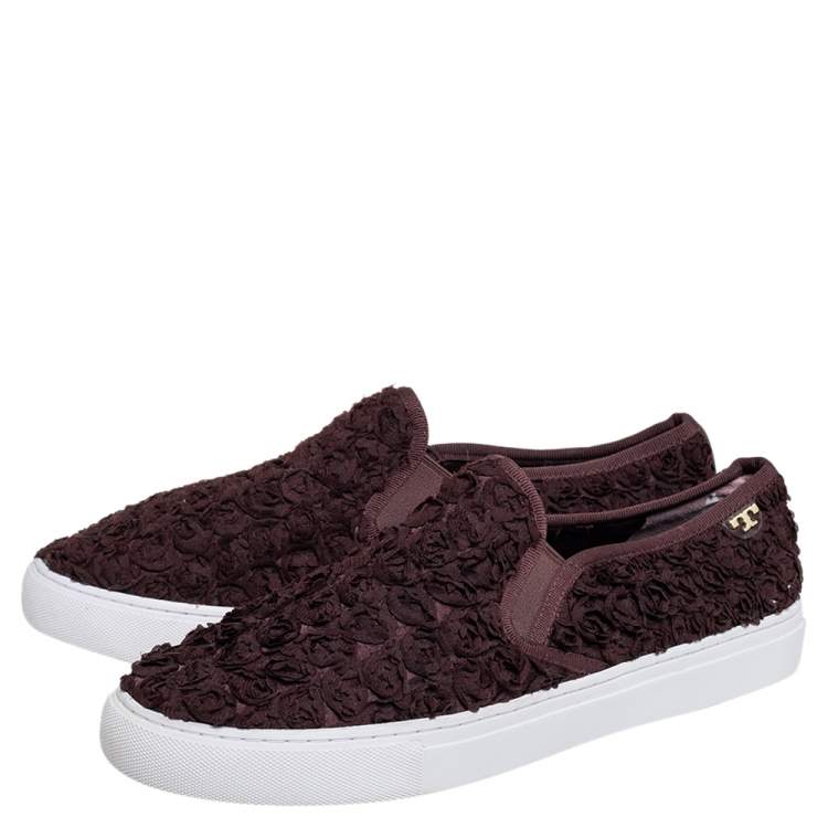 Pre Owned Tory Burch Brown Rosette Slip On Sneakers Size 40