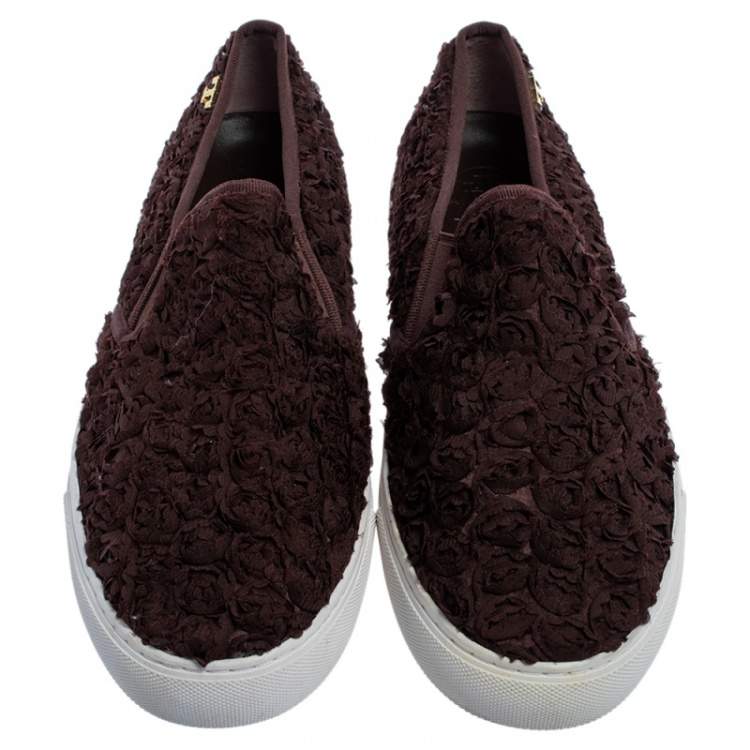 Pre Owned Tory Burch Brown Rosette Slip On Sneakers Size 40