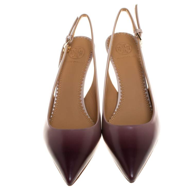 Pre Owned Tory Burch Beige/Purple Ombre Leather Pointed Toe Slingback Sandals Size 36.5