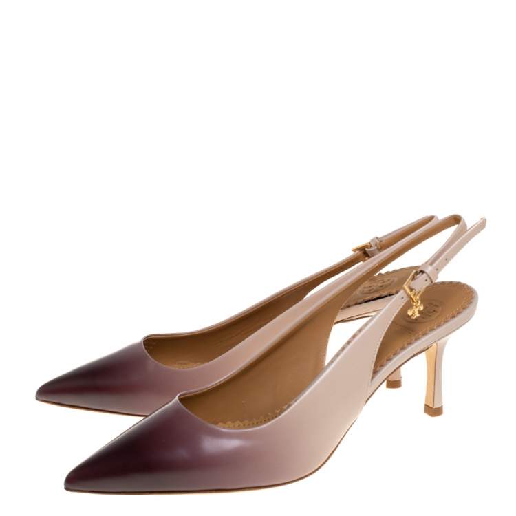 Pre Owned Tory Burch Beige/Purple Ombre Leather Pointed Toe Slingback Sandals Size 36.5